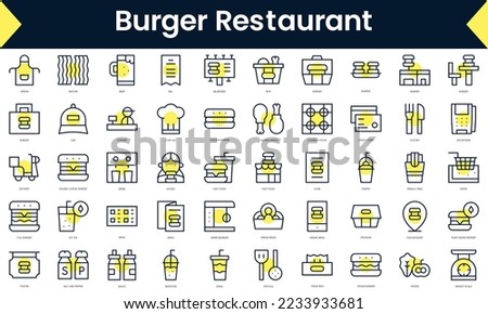 Set of thin line burger restaurant Icons. Line art icon with Yellow shadow. Vector illustration