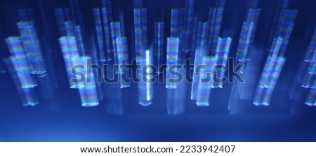 Photograph of backlit gaming keyboard with blue raised motion blur of keys