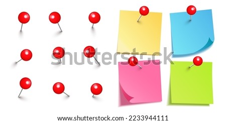 Realistic blank sticky notes isolated on white background. Colorful sheets of note paper with red round push pins. Paper reminder and plastic pushpin with needle. Board tacks. Vector illustration