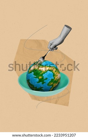 Collage photo of miniature destroying earth inside bowl hand fork eating environnment like food use resources isolated on beige color background
