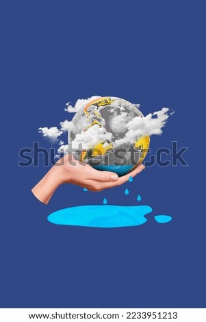 Collage photo picture of world planet sphere hand hold continent clouds air pollution warming temperature ocean dried isolated on blue background