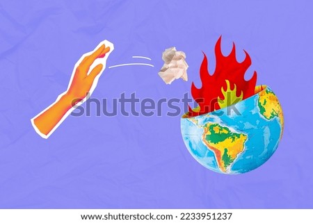 Collage photo concept of environmental problems global earth human hand throwing paper inside blaming planet isolated on blue color background