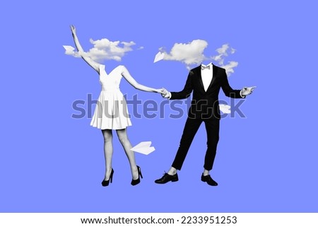 Creative photo 3d collage artwork postcard poster of weird strange unknown people without heads dancing sky isolated on painting background Royalty-Free Stock Photo #2233951253