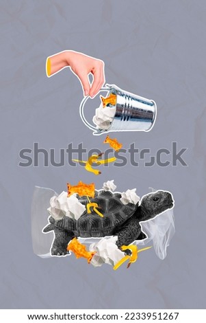 Vertical collage picture of human arm hold mini bucket throw rubbish trash sea turtle isolated on creative background