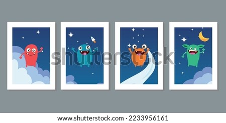 Kids wall art minimalist decor. Vector cute monster, virus, germ cartoon character in space. Germ and pathogen vector icons isolated on background. Four frame set hand drawn. Clouds, spaceship, sun.
