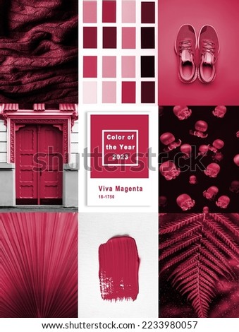Collage with New 2023 trending PANTONE 18-1750 Viva Magenta colour