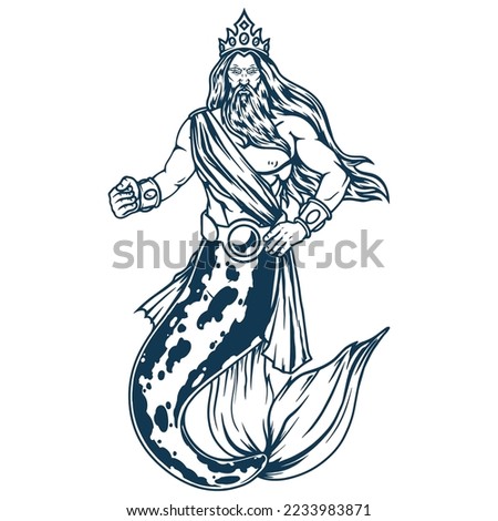 Angry Poseidon monochrome detailed element bearded man with crown of king sea god with fish tail clenching fist vector illustration
