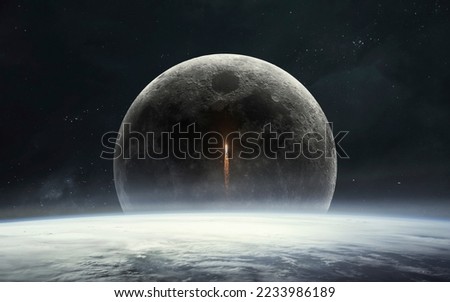 3D illustration of spaceship start from Earth to Moon. Artemis space program. 5K realistic science fiction art. Elements of image provided by Nasa