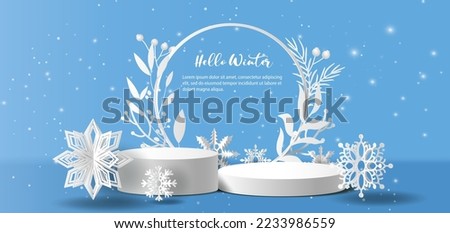 Winter sale product banner, 
podium platform with geometric shapes and snowflakes background, paper illustration, and 3d paper. Royalty-Free Stock Photo #2233986559
