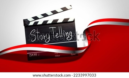 story telling. Text title on film slate and red white ribbon. The concept of filmmaking and the film industry