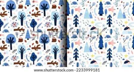 Winter forest seamless pattern. Snowy different trees, frozen berries, blue branches and cones, snowflakes. Hand drawn New Year and Christmas decor textile, wrapping paper, wallpaper nursery, vector