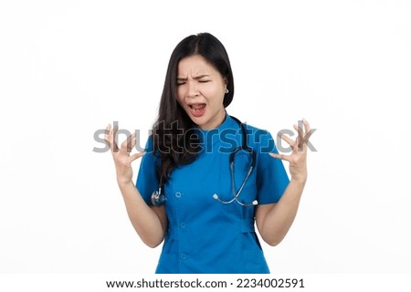 Bad luck, Medical nurse character woman hospital worker, Young confident Asian woman nurse hospital worker in blue clothing isolated on white background.
