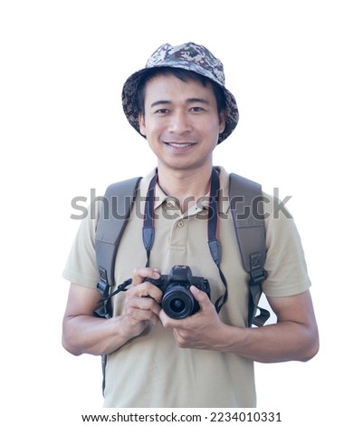 Male tourist with backpack holding camera isolated from white background