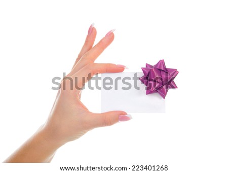 card blank in women hand. Isolated on white background