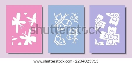 A set of cute posters with flowers and butterflies. Vector illustration
