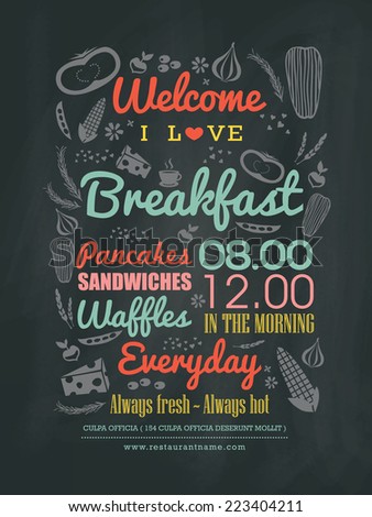 Breakfast cafe Menu Design typography on chalk board vector illustration
