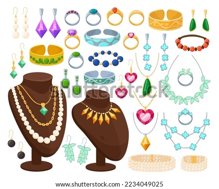 Cartoon gold and silver jewelry. Precious diamond necklace, golden earrings, pearl pendant, gemstone ring, brooch and bracelet flat vector illustration set. Glamorous jewelry accessories Royalty-Free Stock Photo #2234049025