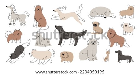 Doodle flat cute pretty puppy. Dogs cartoon portrait, fun dog play and action. Kids trendy animals characters. Happy puppies racy vector set