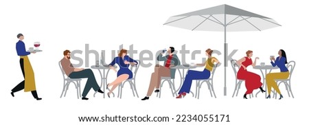 People sitting , eating and drinking in the street cafe. Men and Women. Vector illustration, clip art, cartoon.