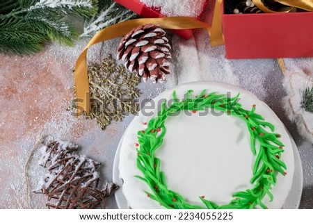 cake decorated with new year decorations. selective focus