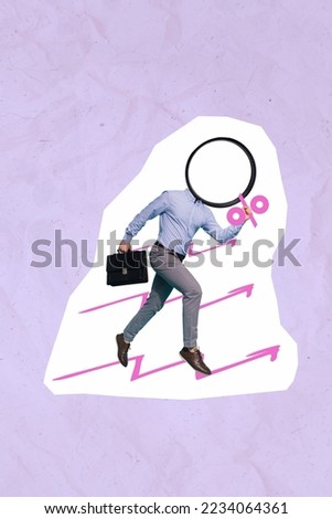 Collage photo of young headless absurd magnifying glass businessman choose best deal more percent profit isola ted on pastel background