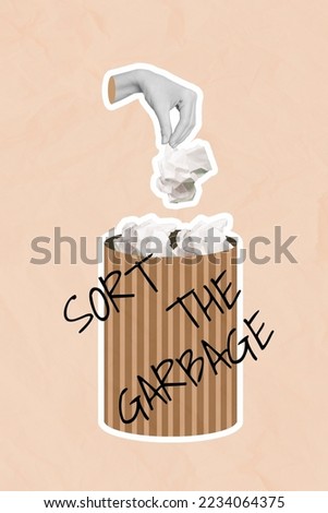 Collage photo concept of waste segregation people sort garbage in trash cans separate recycle paper isolated on beige color background