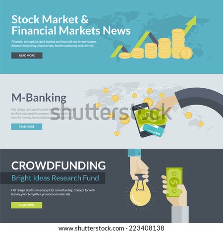 Flat design concepts for business, finance, stock market and financial market news, consulting, m-banking, online investing, crowdfunding. Concepts for web banners and promotional materials.  