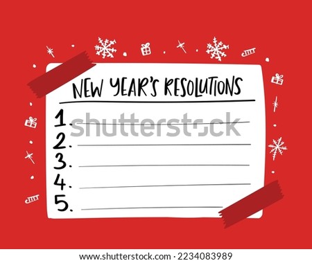 New Years resolutions. Goals and aspirations list concept with snowflakes on red. Royalty-Free Stock Photo #2234083989