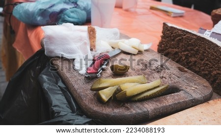 Bread, lard, cucumber and nuts on a plastic tablecloth, real photo