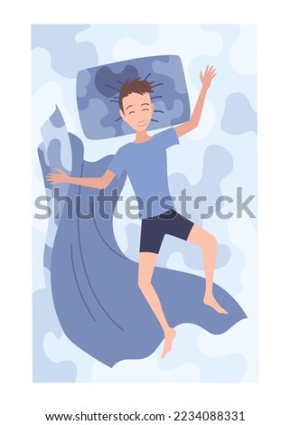 Sleep people on bed. Character lying posture during night slumber. Top view asleep boy at bedroom. Male night dream position