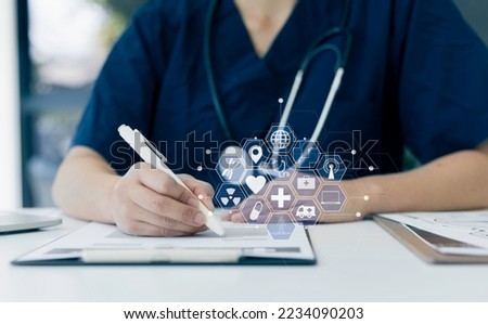 Double exposure of healthcare And Medicine concept. Doctor using modern virtual screen interface icons.