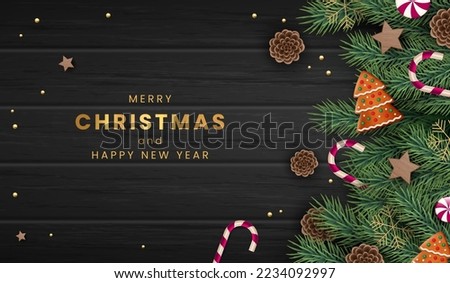 Winter tree card, wood branch isolated on black background. Noel border for postcard decoration, pine fir with candy come and cookies, happy december holidays. Vector illustration background