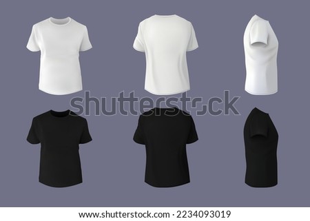 Black and white blank t-shirt mockup. Front, back and side view, sport short sleeve empty print, blank men clothes. Casual textile clothing promotion. Vector realistic design template