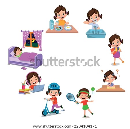 Cartoon kid daily routine activities set Royalty-Free Stock Photo #2234104171