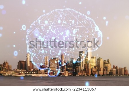 Double exposure of creative artificial Intelligence interface on New York city skyscrapers background. Neural networks and machine learning concept