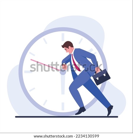 Vector illustration of being late. Cartoon scene with a man who is late for a business meeting and runs to it on white background. Royalty-Free Stock Photo #2234130599