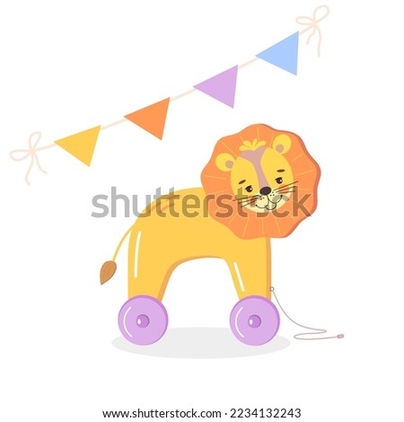 Cute wooden yellow lion cub on wheels. Children's toy with festive garland. Vector baby illustration in cartoon style on white isolated background.
