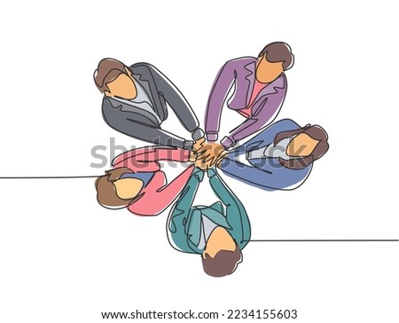 Top view single line drawing of businessmen and business woman handshaking each other. Great teamwork commitment. Business deal concept with continuous line draw style graphic vector illustration Royalty-Free Stock Photo #2234155603
