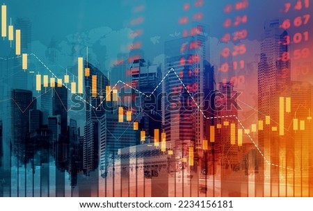 Economic crisis concept shown by declining graphs and digital indicators overlap modernistic city background. Double exposure. Royalty-Free Stock Photo #2234156181