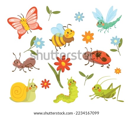 Insects and flowers set. Collection of graphic elements for website. Plants, caterpillar and butterfly, ladybug. Nature and spring. Cartoon flat vector illustrations isolated on white background