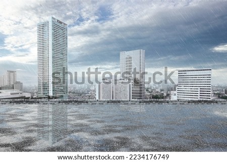 Rooftop view with modern cityscapes and rainy background