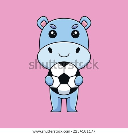 cute hippo holding soccer ball cartoon mascot doodle art hand drawn concept vector kawaii icon illustration