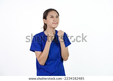Beautiful young soccer female sport fans with blue t-shirt isolated on white background.