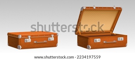 Vintage suitcase, retro luggage, closed and open empty leather bags with handle and metal clasps. Brown antique case, portfolio isolated on transparent background, Realistic 3d vector illustration
