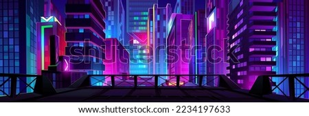 Rooftop view of night cityscape with neon lights. Modern megalopolis architecture, apartment buildings, colorful skyscrapers glowing in darkness. Big city life background. Vector cartoon illustration Royalty-Free Stock Photo #2234197633