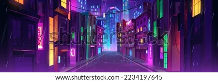 Rainy weather in night city street with neon lights. Vector cartoon illustration of rainfall in modern megalopolis with shops, apartment buildings. Windows of skyscrapers glowing in different colors Royalty-Free Stock Photo #2234197645
