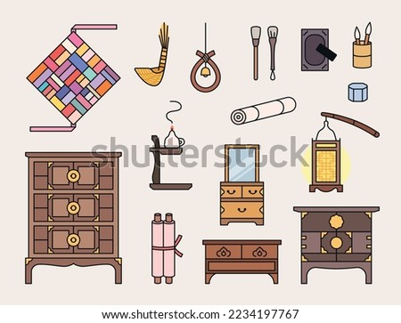Korea's old antique furniture and various daily necessities. And lucky things. outline simple vector illustration.