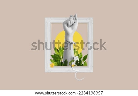 Digital collage modern art. Hand raised with handcuff and leaves, flowers in picture frame