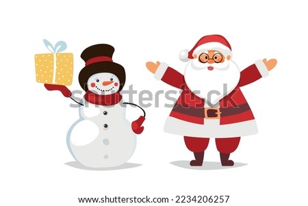 Funny cute Santa Claus and snowman with gift, set of characters for Christmas, vector illustration isolated on a white background.