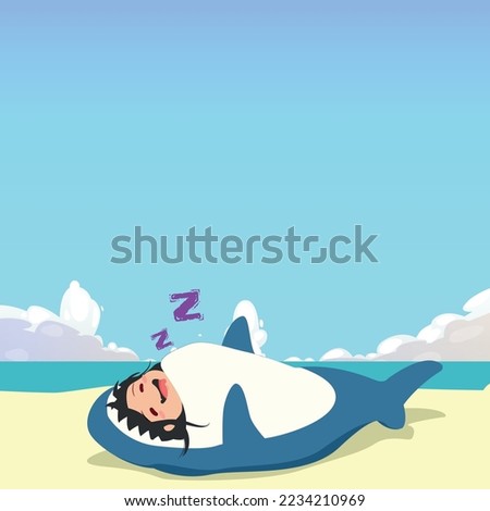 little girl wearing a shark costume character sleeping isolated on a beach background. little girl wearing a shark costume character emoticon illustration